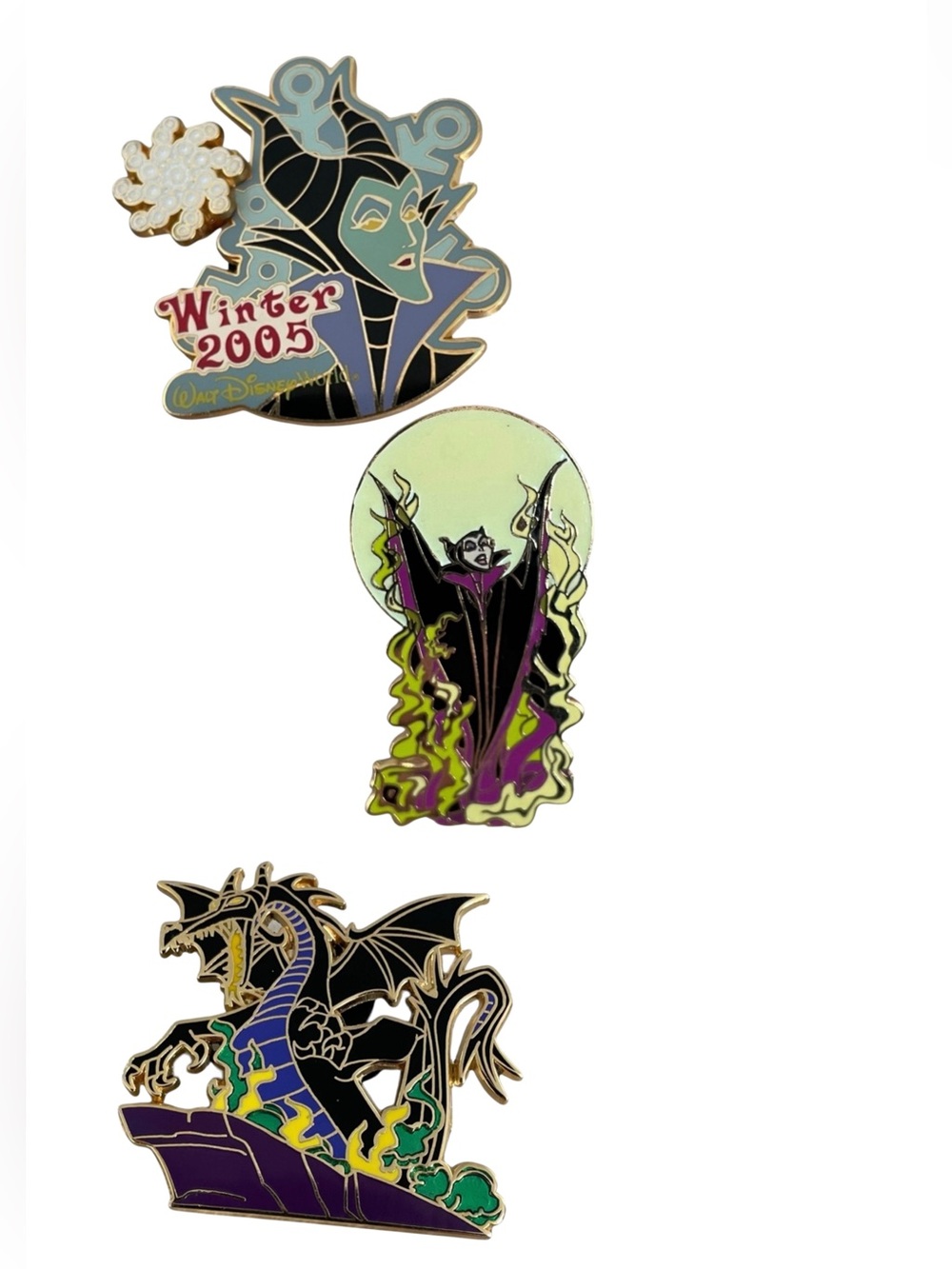 Disney Pins Set of 3 Maleficent Dragon Flame Sleeping Beauty Winter 2005 LE 1000
